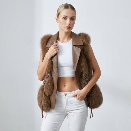Faux Fur Vest – Elegant Winter Gilet with Oversized Collar and Waist Ties