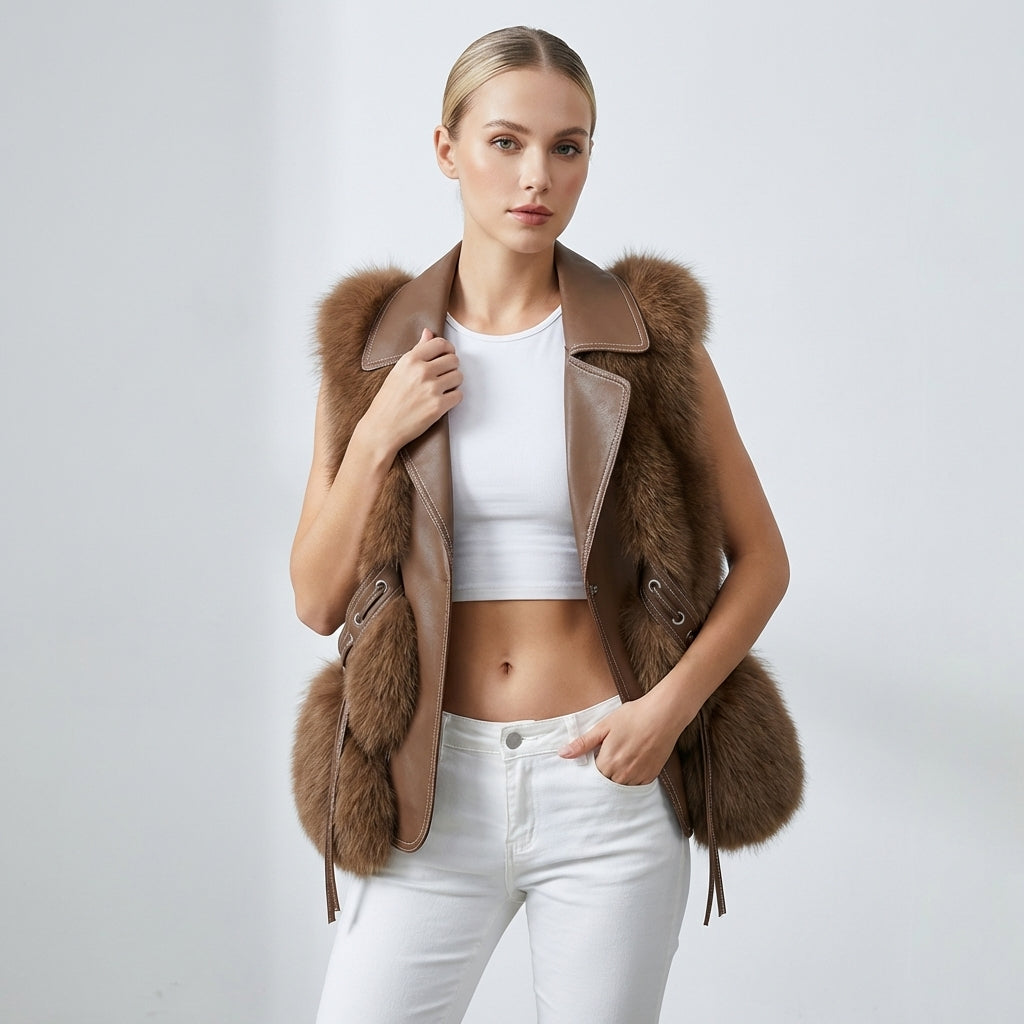 Faux Fur Vest – Elegant Winter Gilet with Oversized Collar and Waist Ties