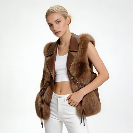 Faux Fur Vest – Elegant Winter Gilet with Oversized Collar and Waist Ties