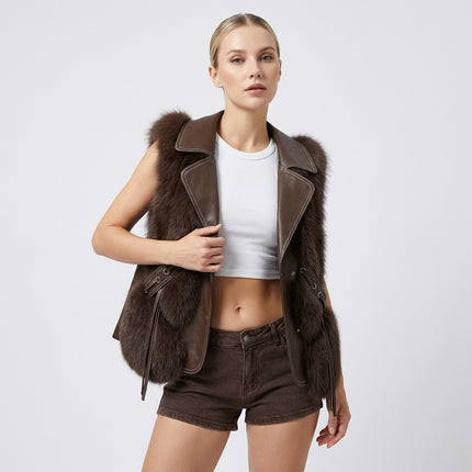 Faux Fur Vest – Elegant Winter Gilet with Oversized Collar and Waist Ties