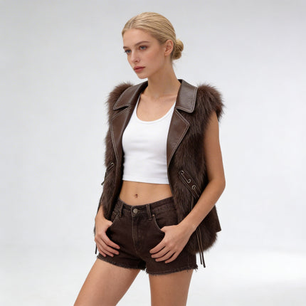 Faux Fur Vest – Elegant Winter Gilet with Oversized Collar and Waist Ties