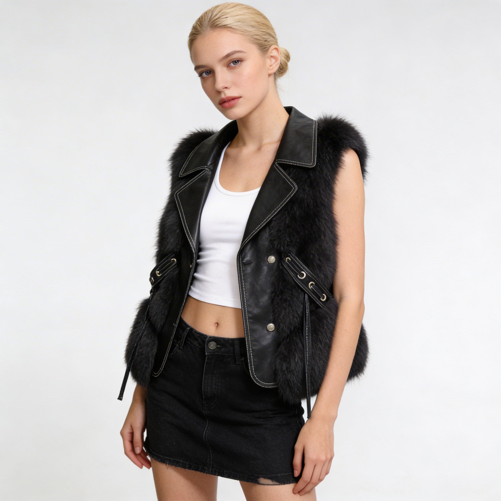 Faux Fur Vest – Elegant Winter Gilet with Oversized Collar and Waist Ties