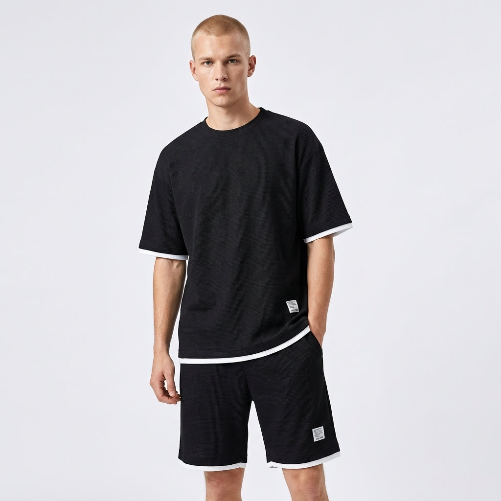 Men’s Lounge Set – Waffle Knit T-Shirt and Drawstring Shorts Set