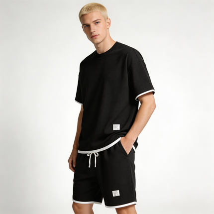 Men’s Lounge Set – Waffle Knit T-Shirt and Drawstring Shorts Set