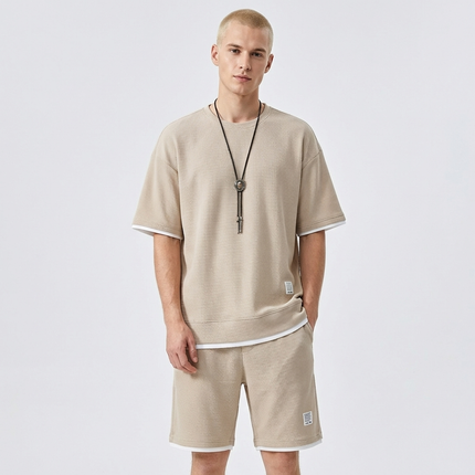 Men’s Lounge Set – Waffle Knit T-Shirt and Drawstring Shorts Set