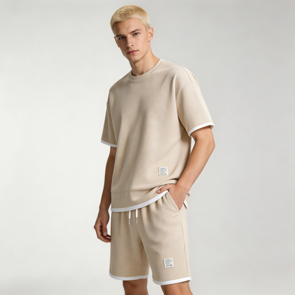 Men’s Lounge Set – Waffle Knit T-Shirt and Drawstring Shorts Set
