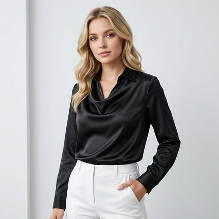 Satin Blouse – Draped Cowl Neck Top with Long Sleeves & Elegant Collar