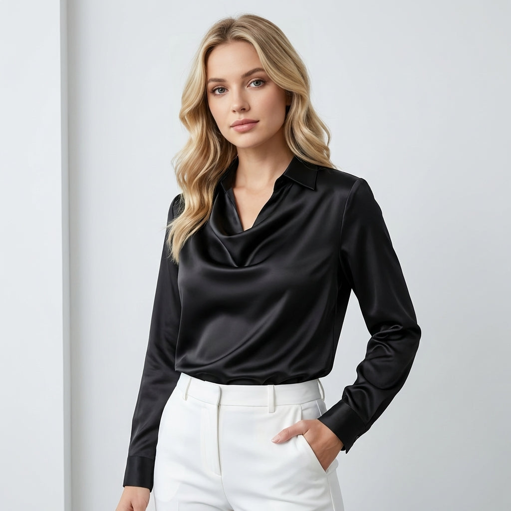Blouse en satin – Haut drapé à col bénitier avec manches longues et col élégant