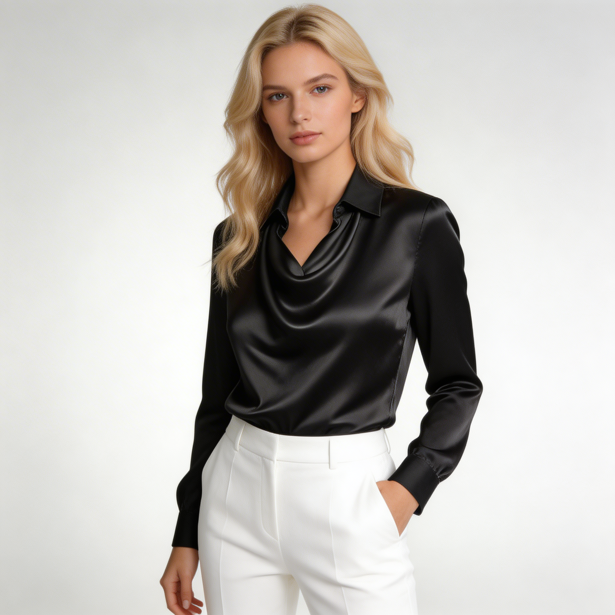 Satin Blouse – Draped Cowl Neck Top with Long Sleeves & Elegant Collar