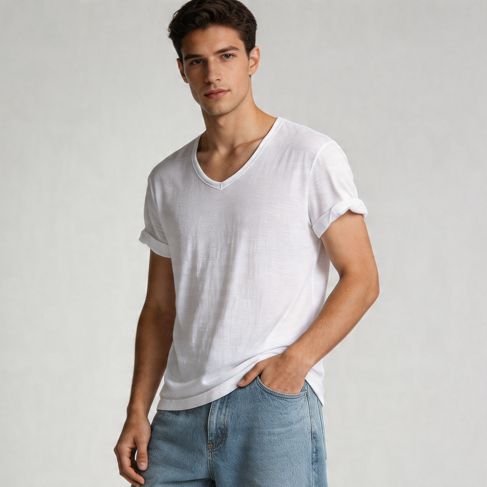 Men's V-Neck T-Shirt – Linen Cotton Blend with a Breathable Slim Fit