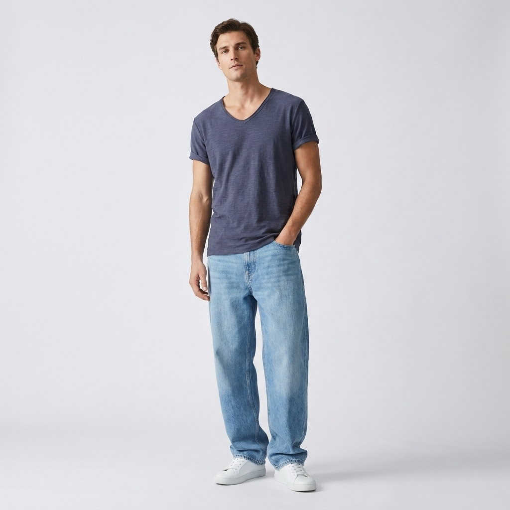 Men's V-Neck T-Shirt – Linen Cotton Blend with a Breathable Slim Fit