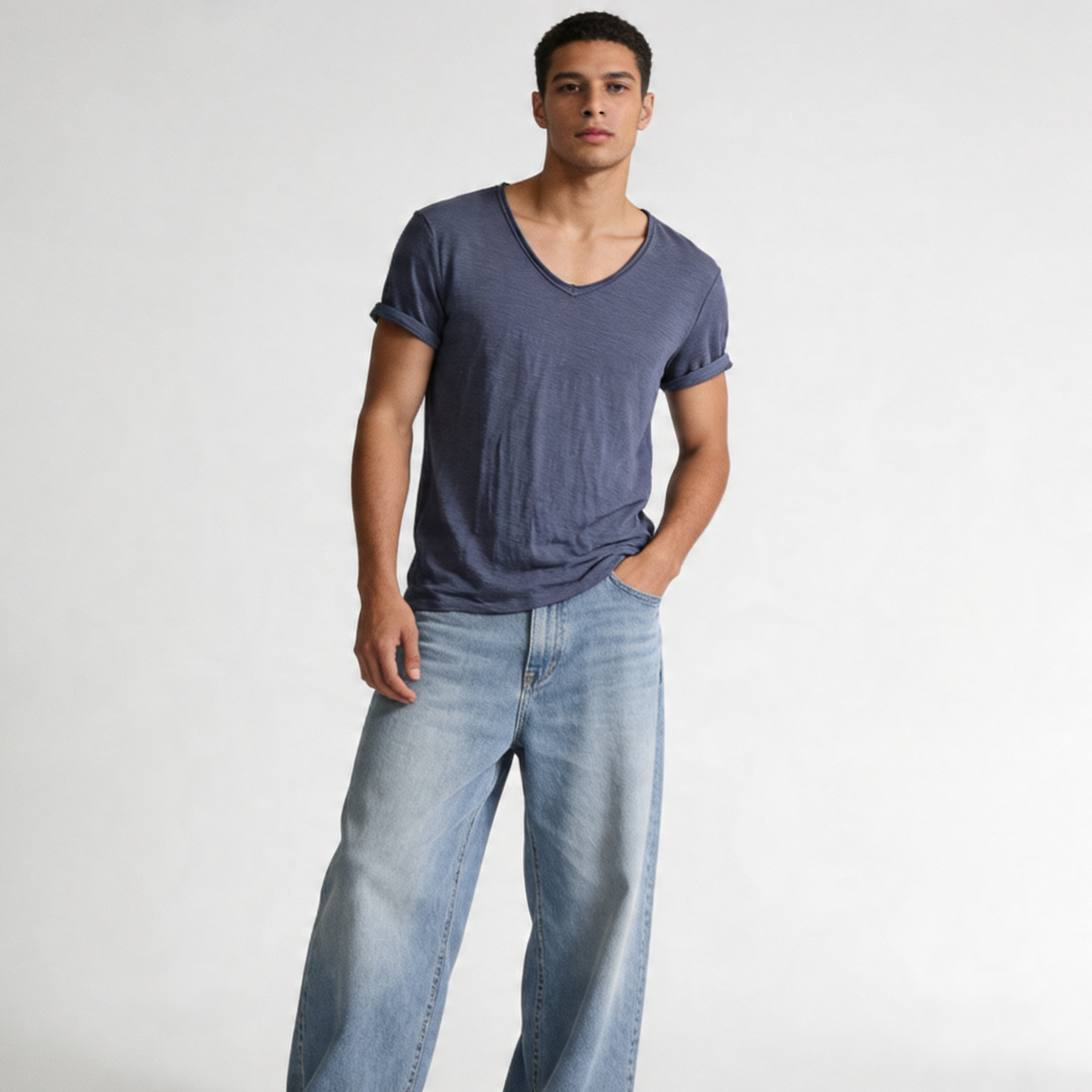 Men's V-Neck T-Shirt – Linen Cotton Blend with a Breathable Slim Fit
