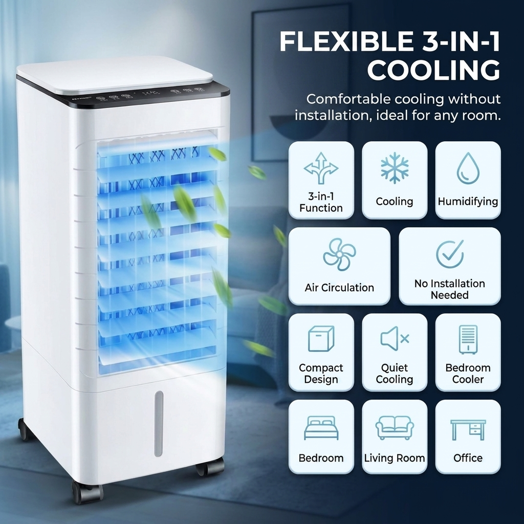 Portable Air Cooler – 3-in-1 Evaporative Cooling, Humidifier & Quiet Room Fan