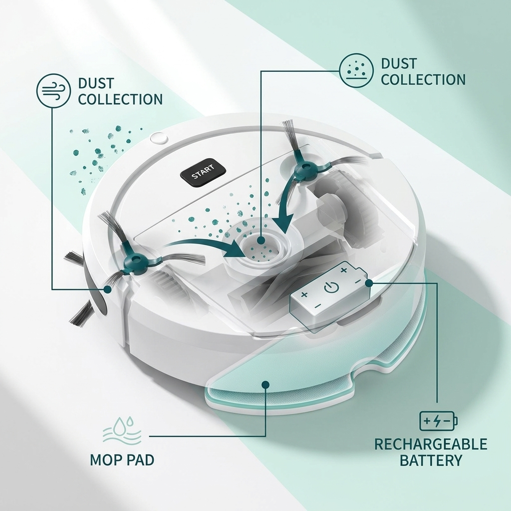Robot Vacuum and Mop Combo – 3-in-1 Compact Cleaner for Hard Floors