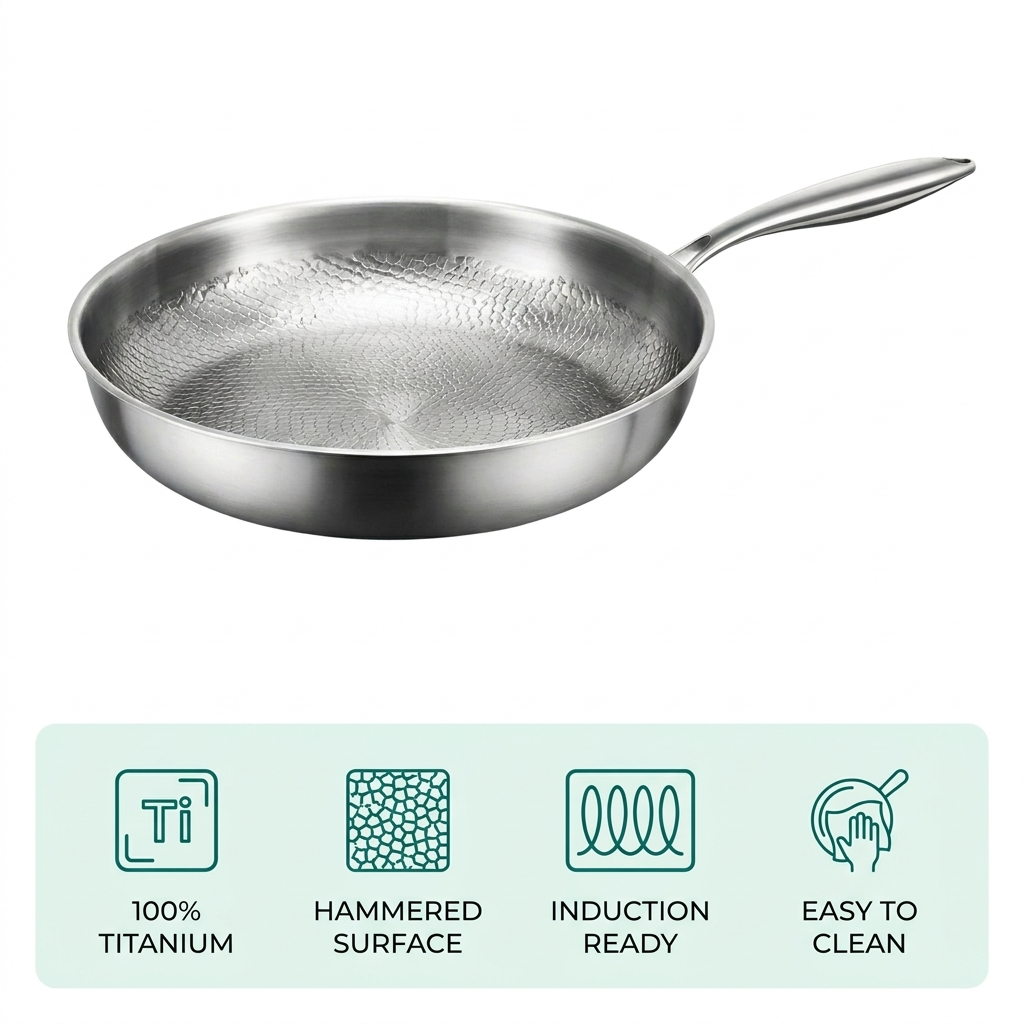 Titanium koekenpan – gehamerd oppervlak, snelle temperatuurregeling & geschikt voor inductie