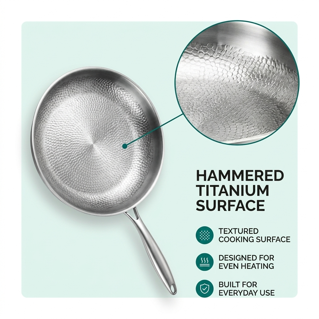 Titanium koekenpan – gehamerd oppervlak, snelle temperatuurregeling & geschikt voor inductie