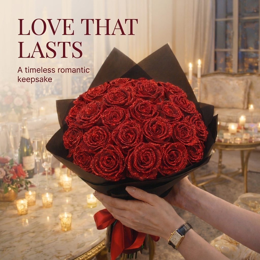 Luxe glitterrozenboeket – elegant romantisch cadeau in een luxe doos