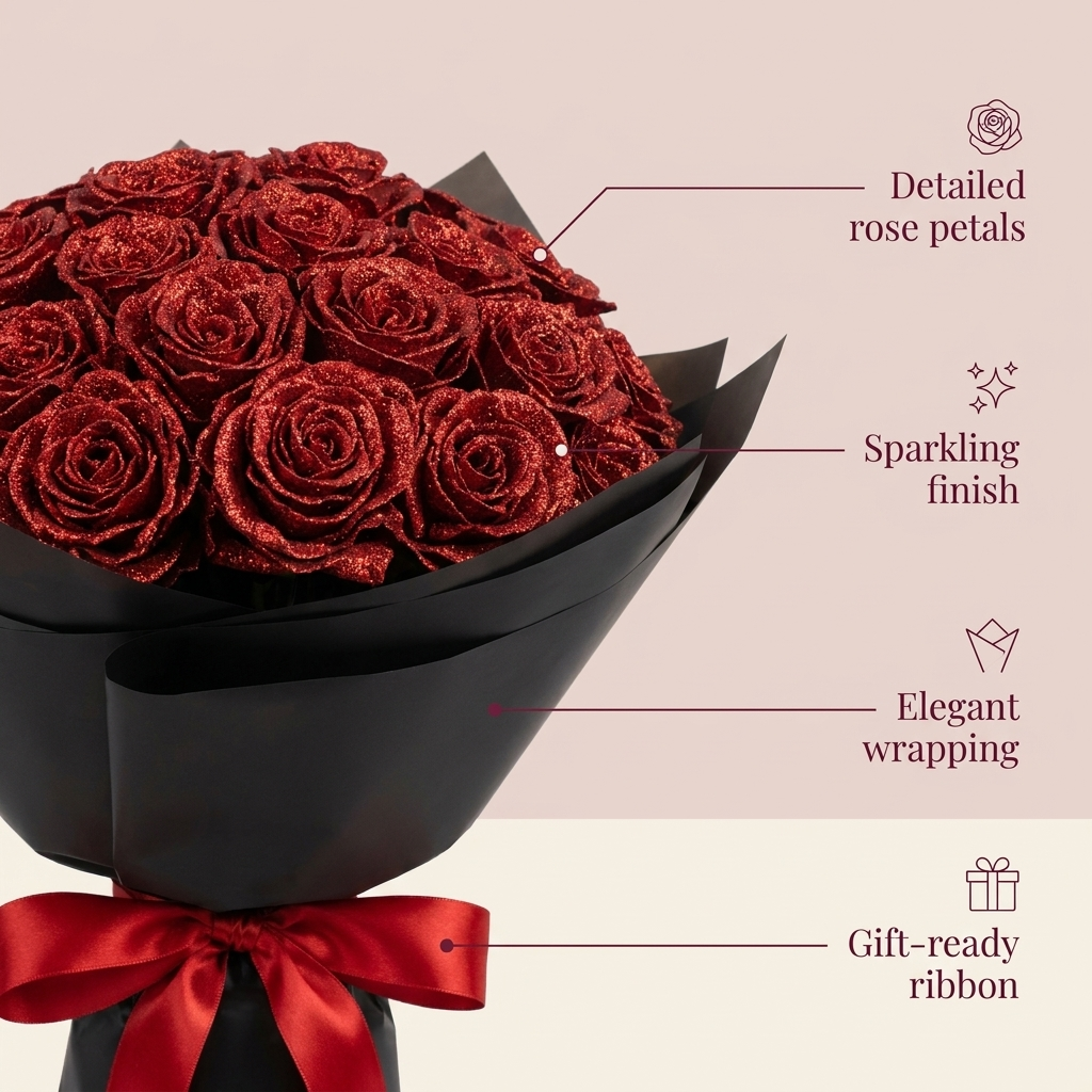 Luxe glitterrozenboeket – elegant romantisch cadeau in een luxe doos