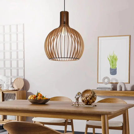 Wooden Pendant Lamp – Scandinavian Open Design with Warm Ambient E27 Lighting