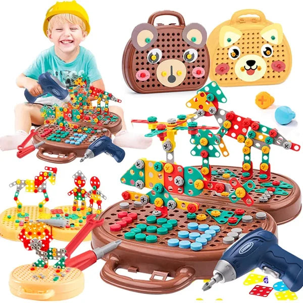 Boîte de jouets de construction Montessori – Ensemble créatif avec perceuse électrique jouet et boîte de rangement