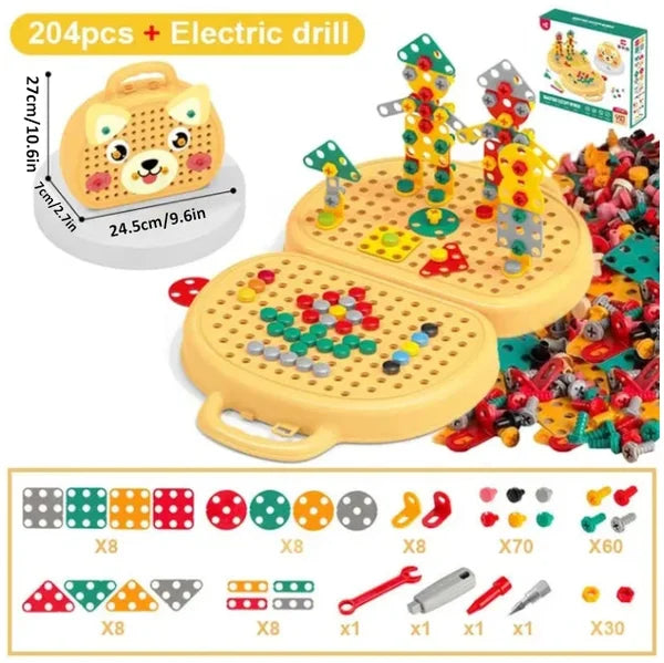 Boîte de jouets de construction Montessori – Ensemble créatif avec perceuse électrique jouet et boîte de rangement