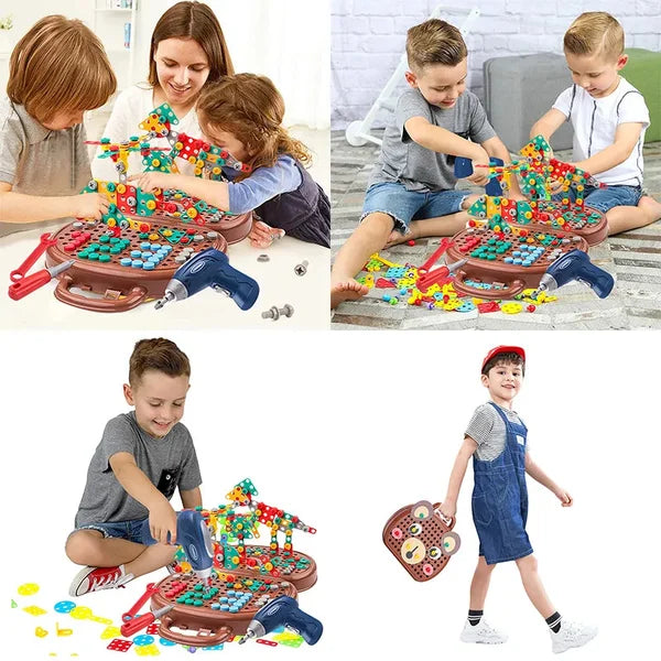 Boîte de jouets de construction Montessori – Ensemble créatif avec perceuse électrique jouet et boîte de rangement