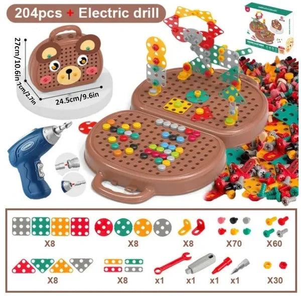 Boîte de jouets de construction Montessori – Ensemble créatif avec perceuse électrique jouet et boîte de rangement