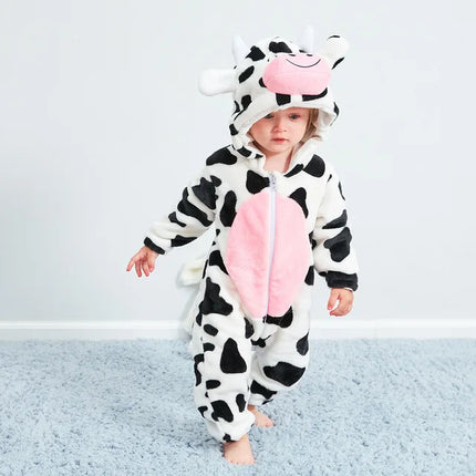 Baby Romper – Soft Flannel Hooded One-Piece with Playful Animal Design