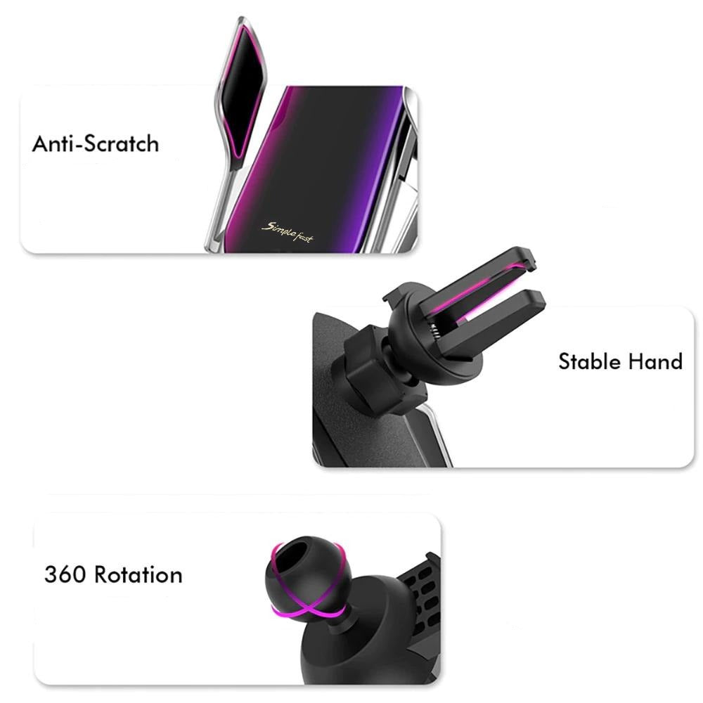 Support de téléphone de voiture sans fil – Serrage automatique avec charge Qi et support réglable à 360°