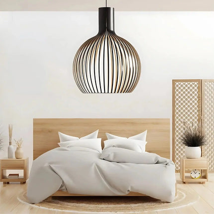 Wooden Pendant Lamp – Scandinavian Open Design with Warm Ambient E27 Lighting