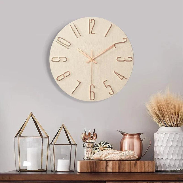Wall Clock – Minimalist Wood-Style Frameless Design with Silent Quartz Movement