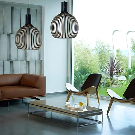 Wooden Pendant Lamp – Scandinavian Open Design with Warm Ambient E27 Lighting