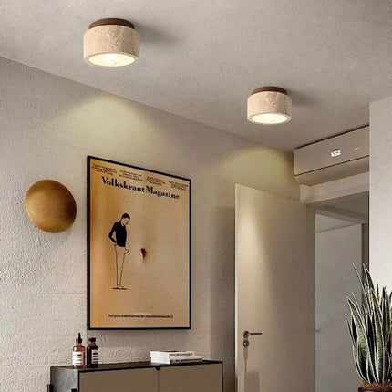 Ceiling-Mounted Travertine Light with Warm Integrated LED and Minimalist Natural Design