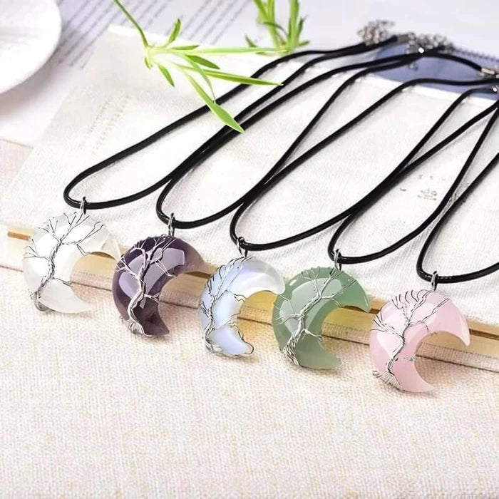 Crescent Moon Crystal Necklace – Tree of Life Pendant with Wire-Wrapped Stones