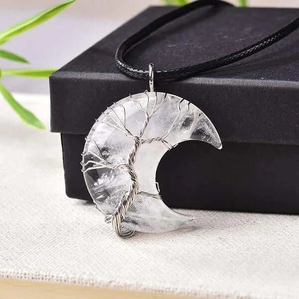 Crescent Moon Crystal Necklace – Tree of Life Pendant with Wire-Wrapped Stones